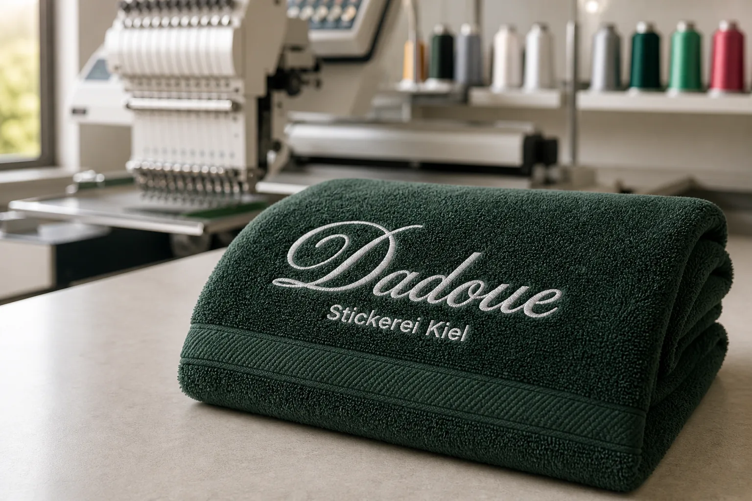 Grünes Handtuch besticken lassen mit Logo von Stickerei Dadoue